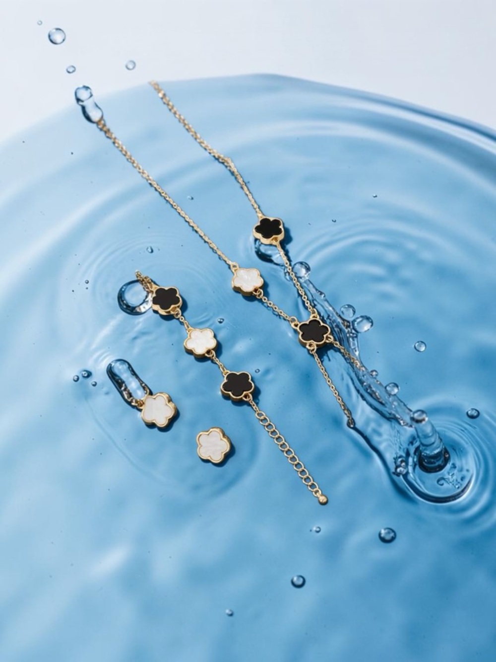 Gold Clover Necklace, Bracelet & Earrings Set - White Inlay - Picture 3 of 8